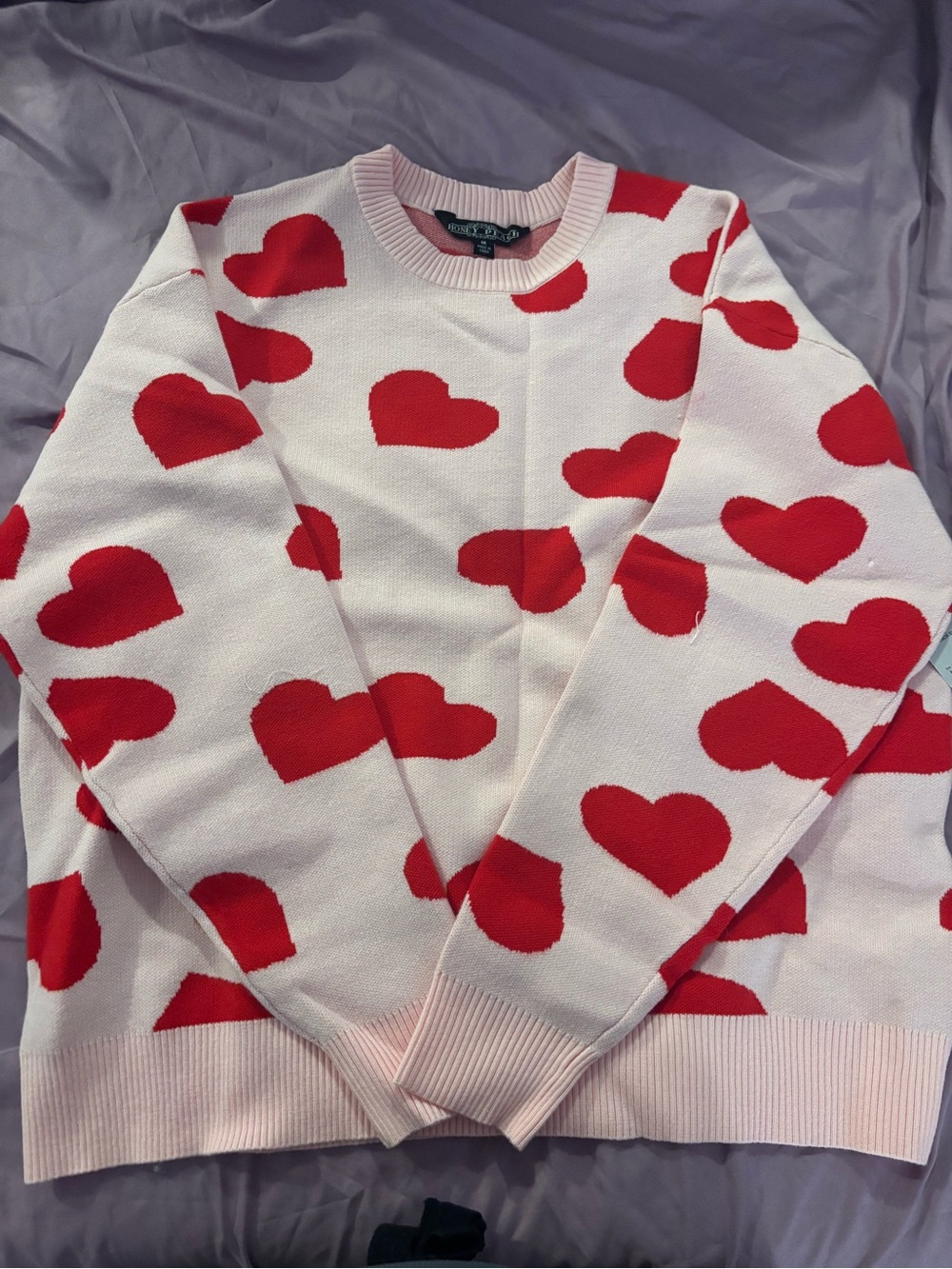 Pink Crewneck Sweater with Red Heart Print
